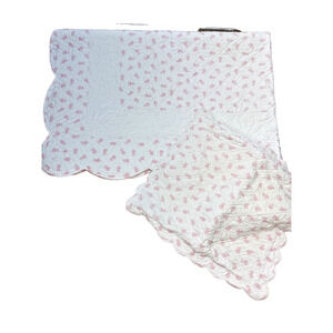 Yves Delorme Twin Size Pink‎ Floral Eglantine Scallop Quilt Coverlet Sham Cotton